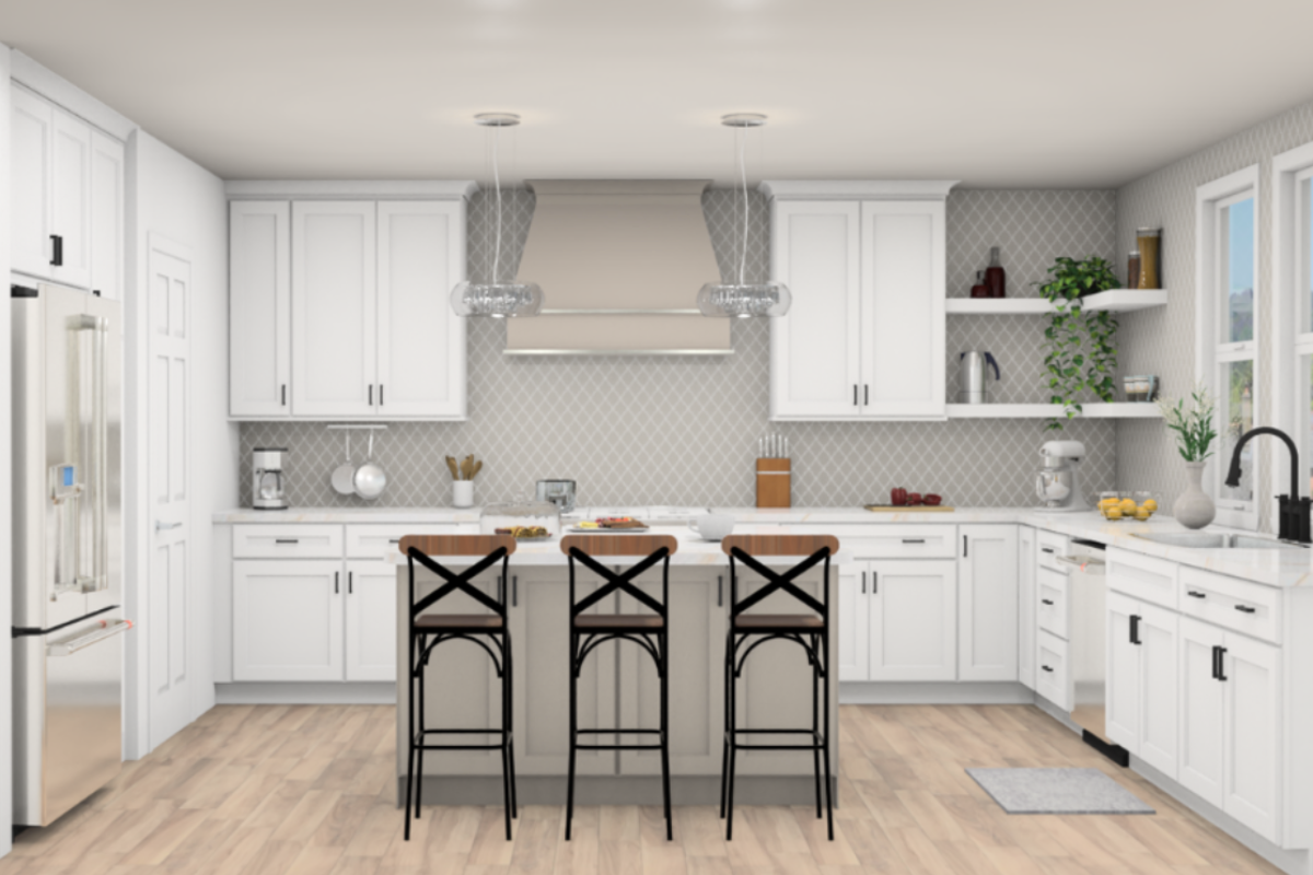 U-shaped white shaker kitchen with wood kitchen hood, a taupe-colored island with seating, and cream stone countertops