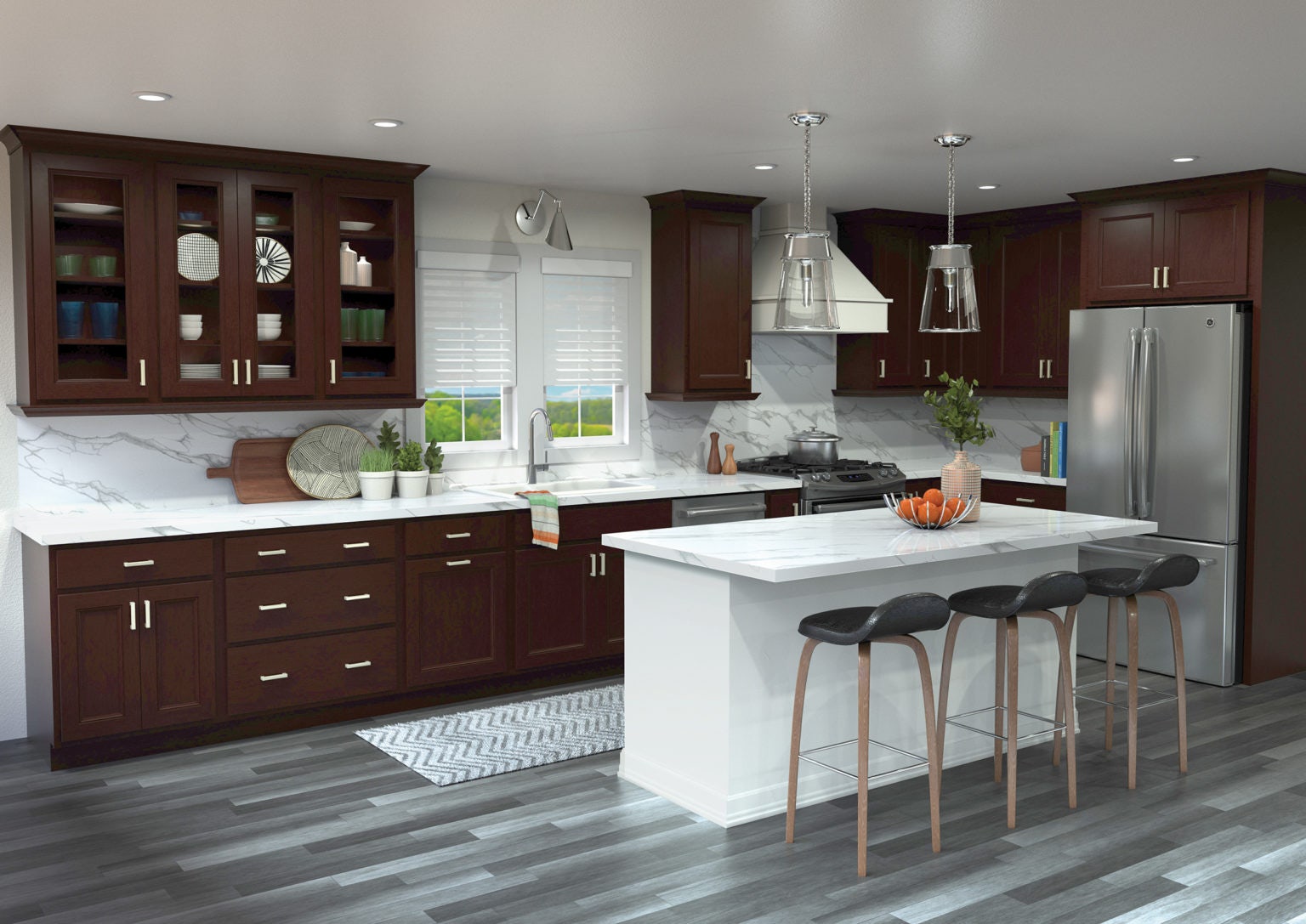 CliqStudios project: Dark wood stained decorative kitchen cabinets and island with some glass wall cabinets