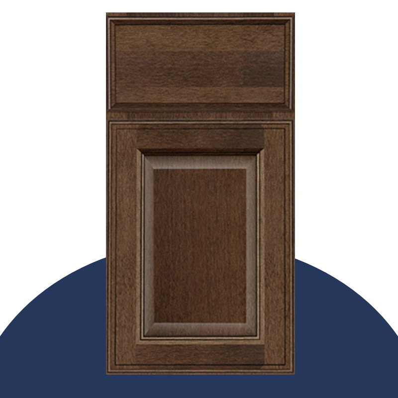 Dark brown-stained raised panel door style Dark brown-stained raised panel door style with slab drawer front