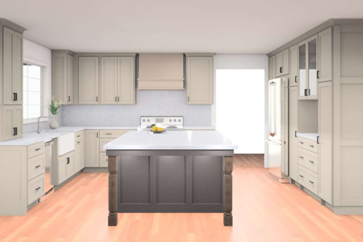 Large light gray shaker kitchen with a brown-stained island with decorative legs