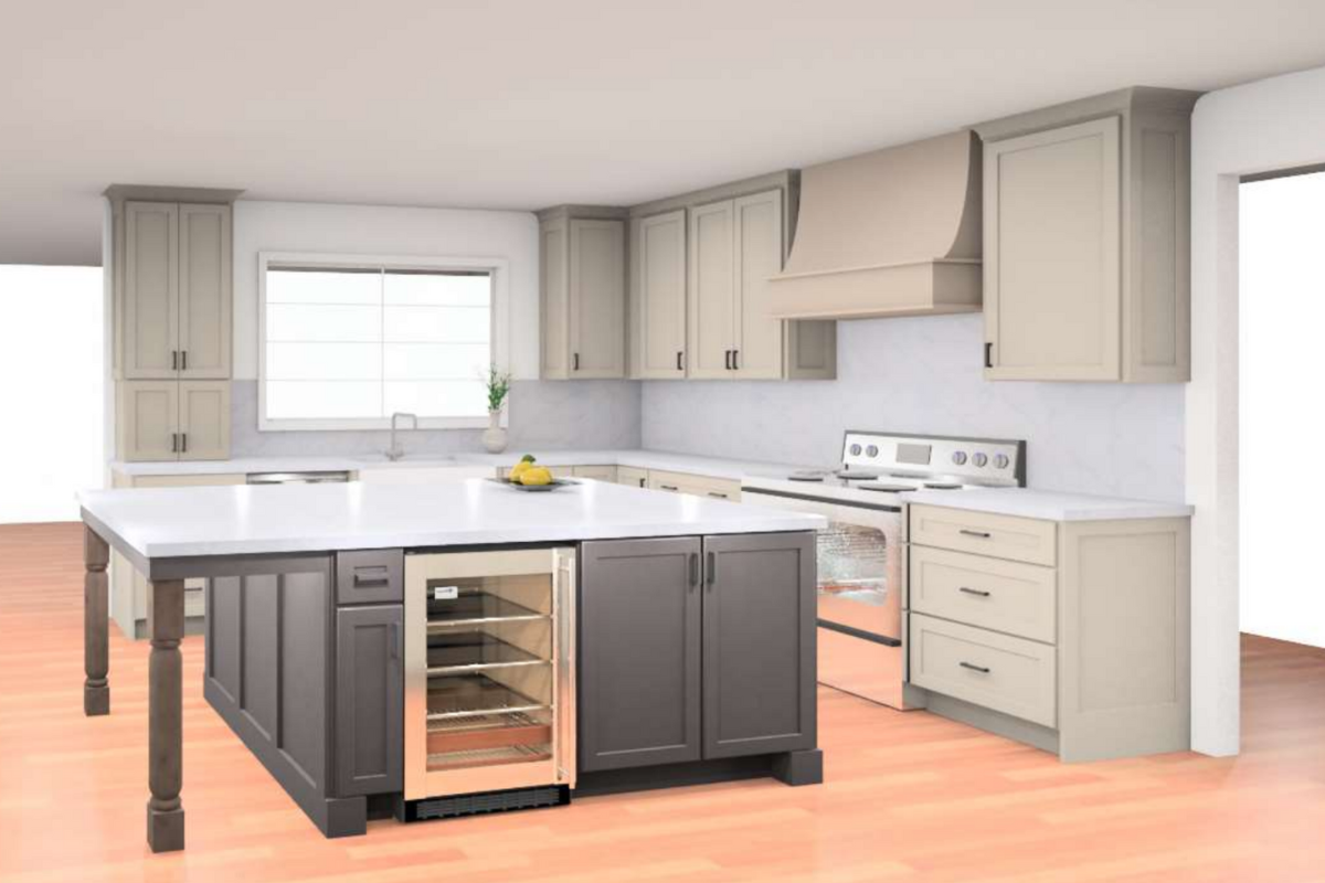 Large light gray shaker kitchen with a brown-stained island with decorative legs