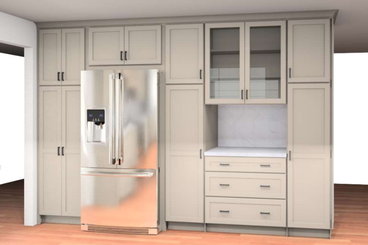 Large light gray shaker kitchen with a brown-stained island with decorative legs