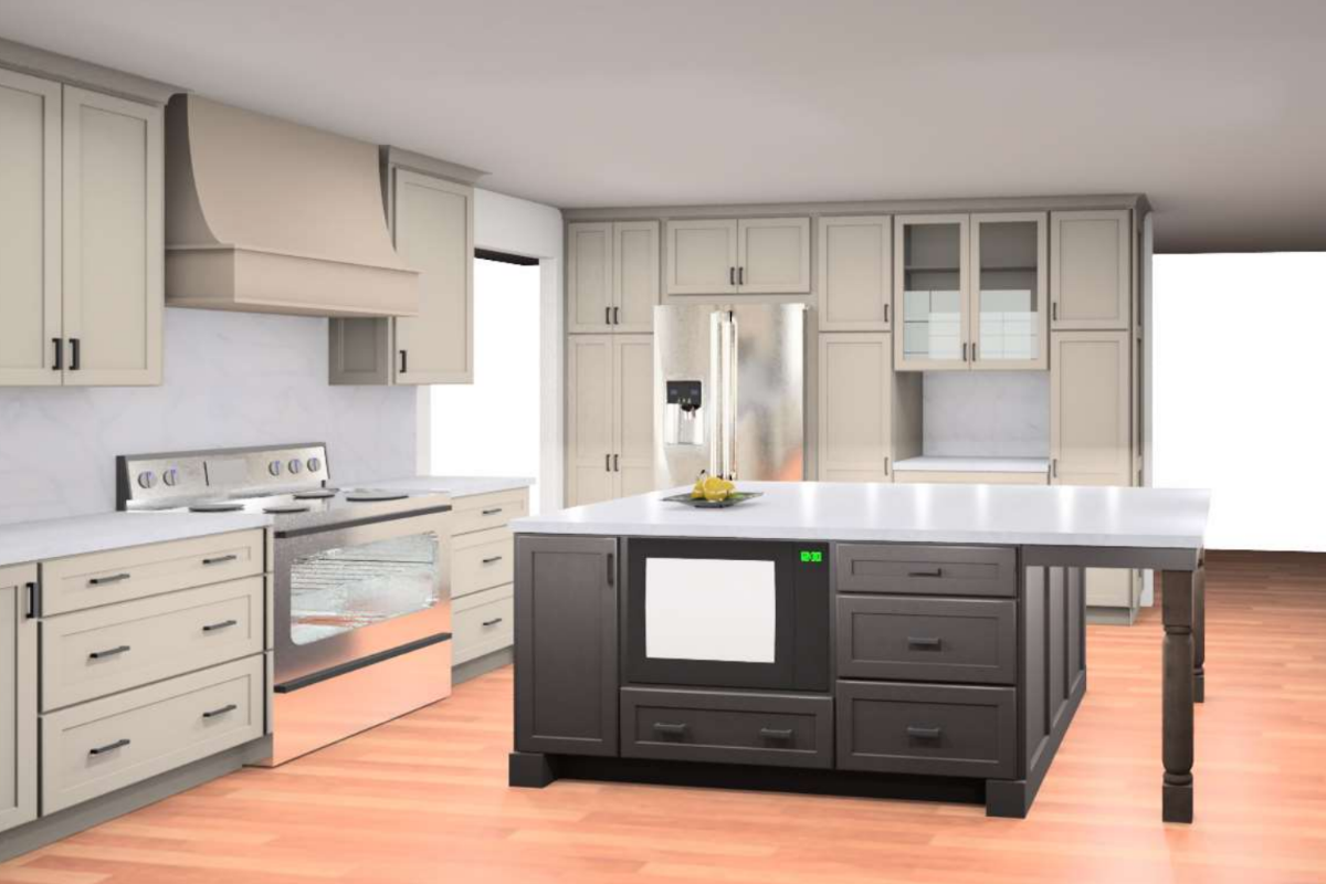 Large light gray shaker kitchen with a brown-stained island with decorative legs