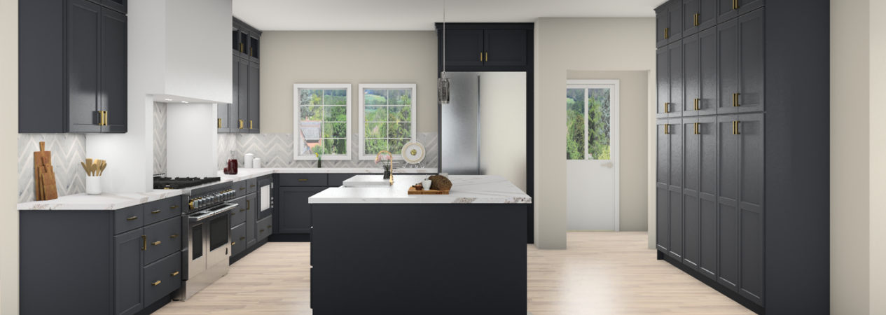 Modern navy blue kitchen cabinets with white countertops, pantry storage, a built-in refrigerator, stacked glass wall cabinets, and a large island.