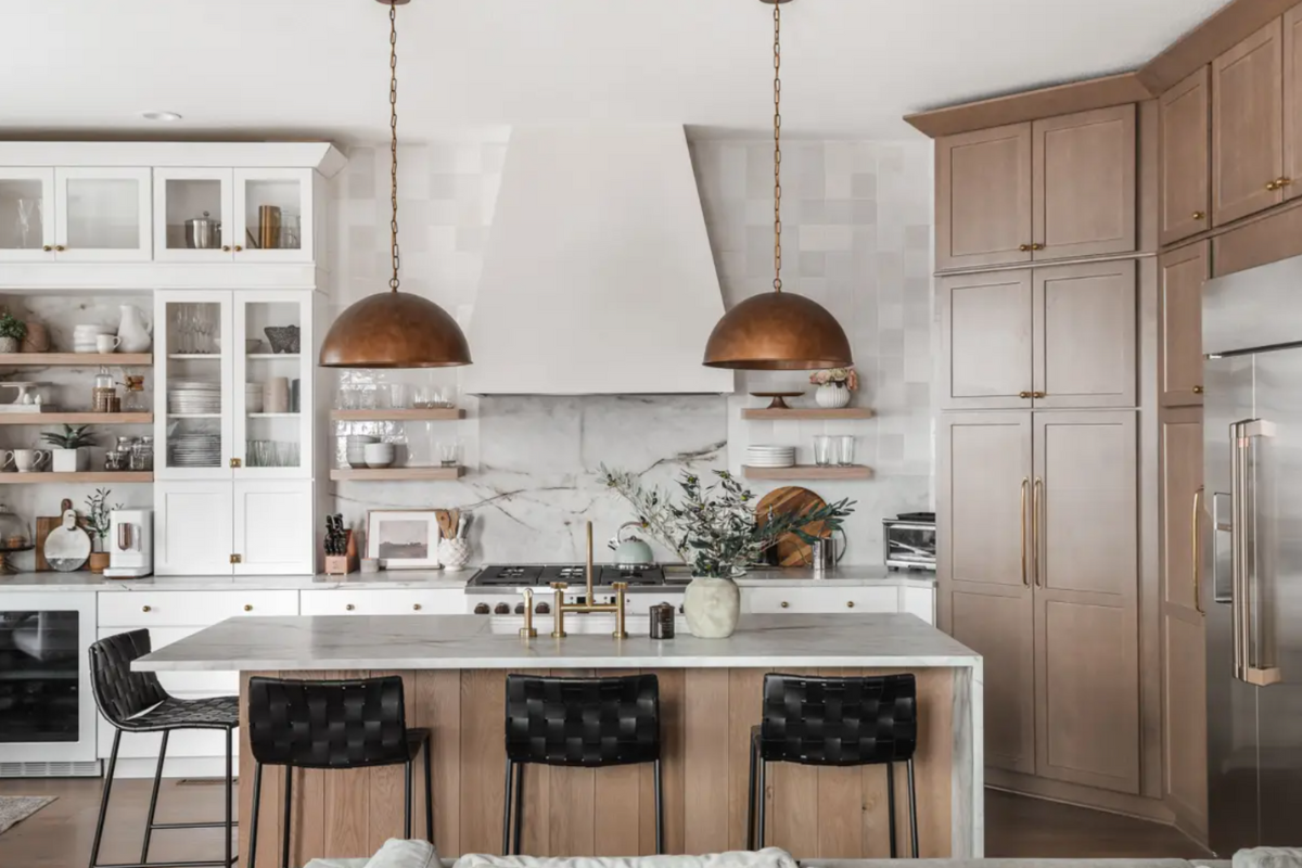 Two tone shaker kitchen design with medium wood pantry wall, white shaker coffee bar wall and wood tone island