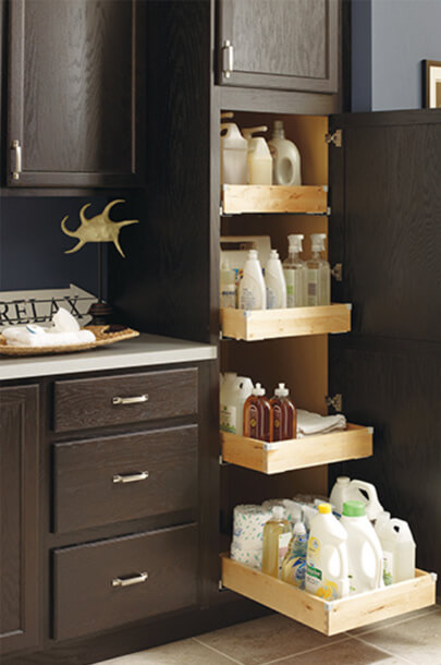 Customize your pantry with roll-out trays and shelving.