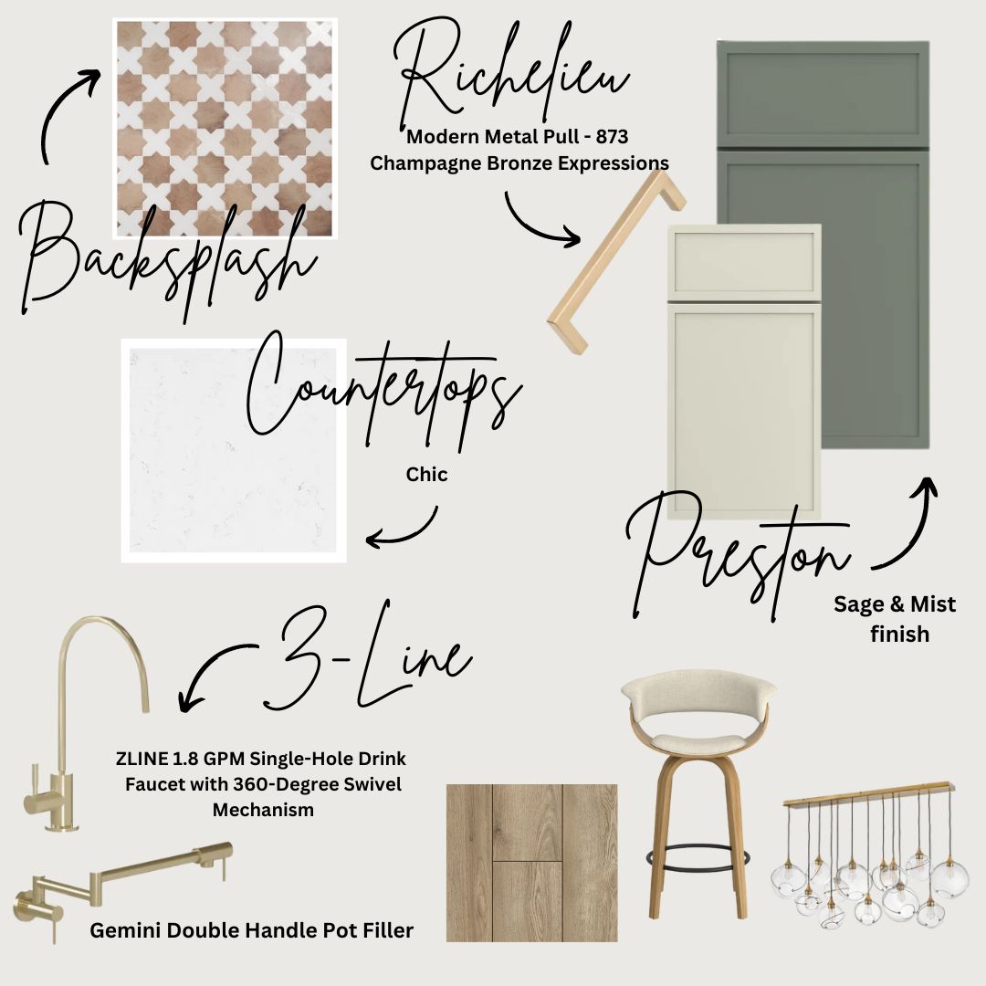 Skinny shaker door style mood board with sage and cream cabinets plus marble quartz countertops