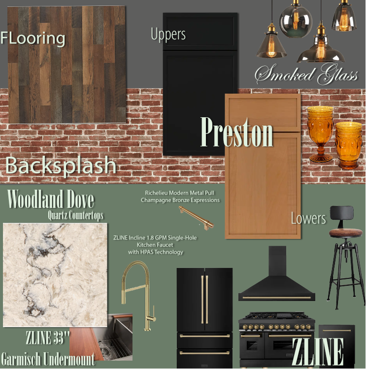 Skinny shaker door style mood board with black and light wood cabinets with rustic accents