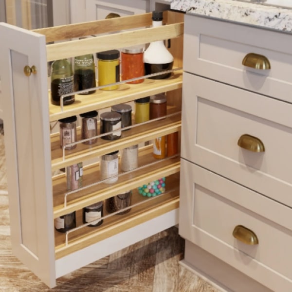 Pull-out spice cabinet in taupe shaker base cabinets