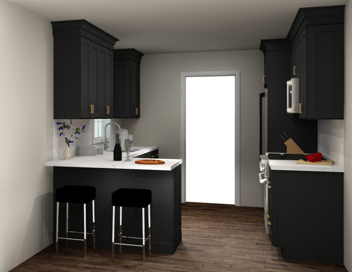 Small black shaker-style galley kitchen with peninsula, white countertops, and gold hardware