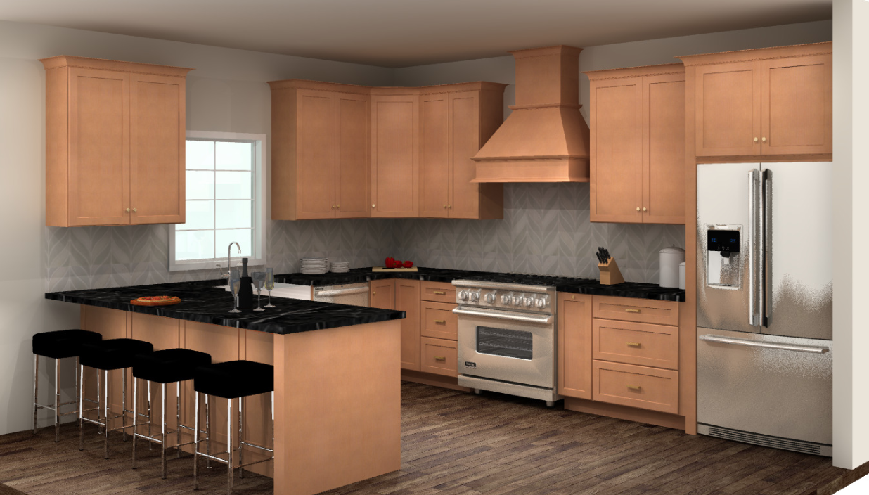 U-shaped maple-stained kitchen with peninsula and black countertops with large wood hood