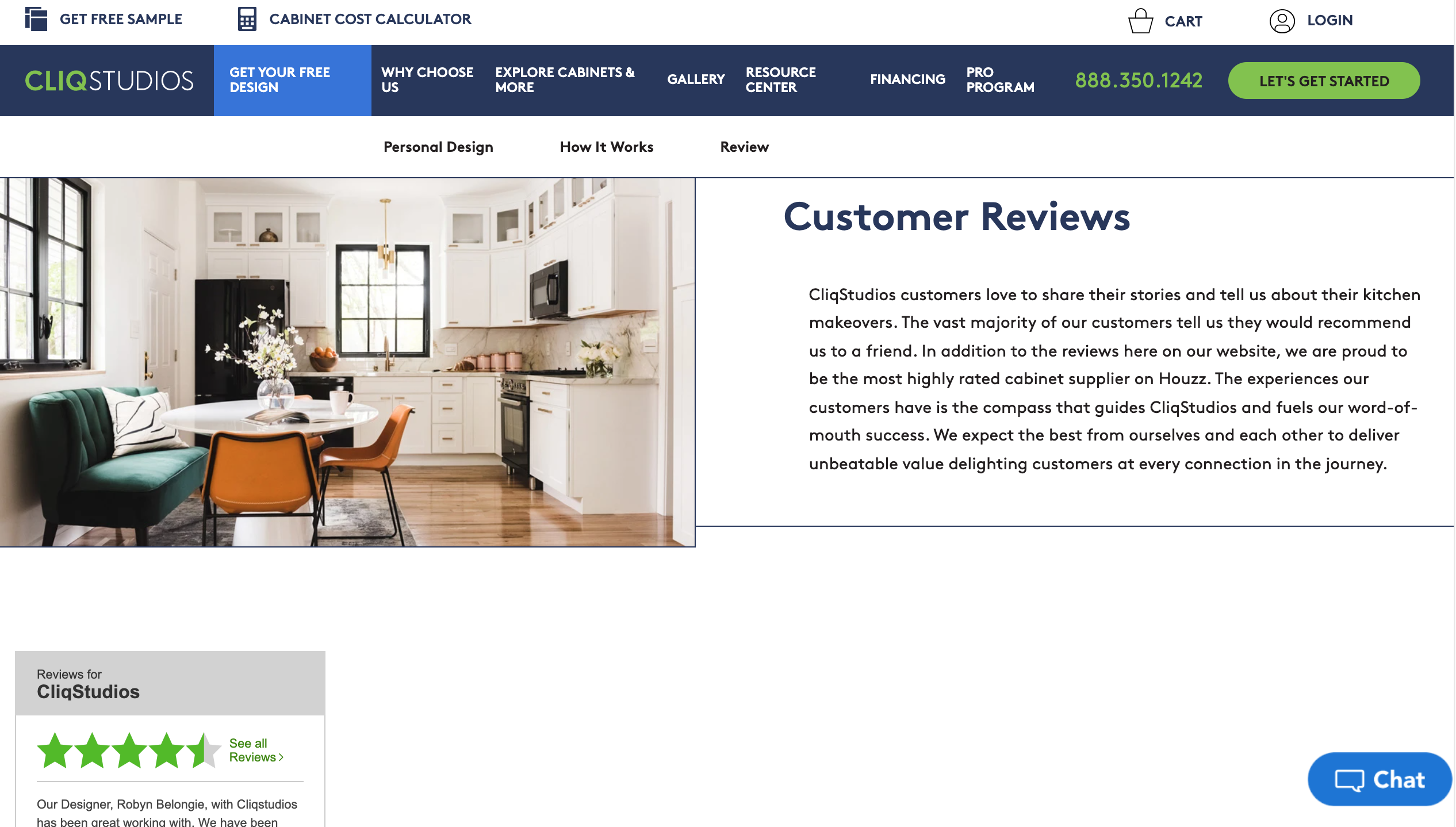 CliqStudios home page displaying the path to the customer review menu