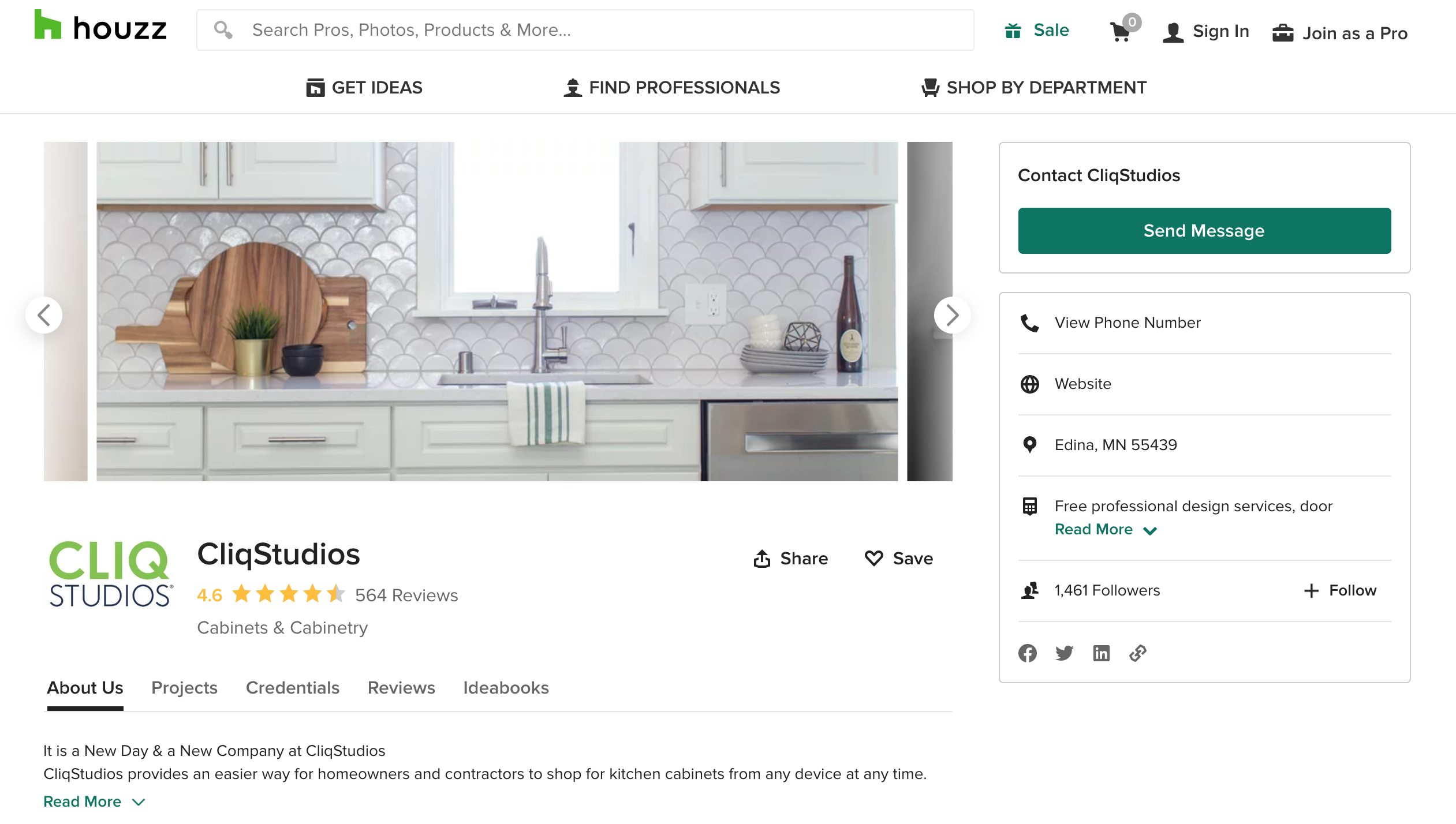 Houzz's CliqStudios customer review web page displaying finished kitchen project photos