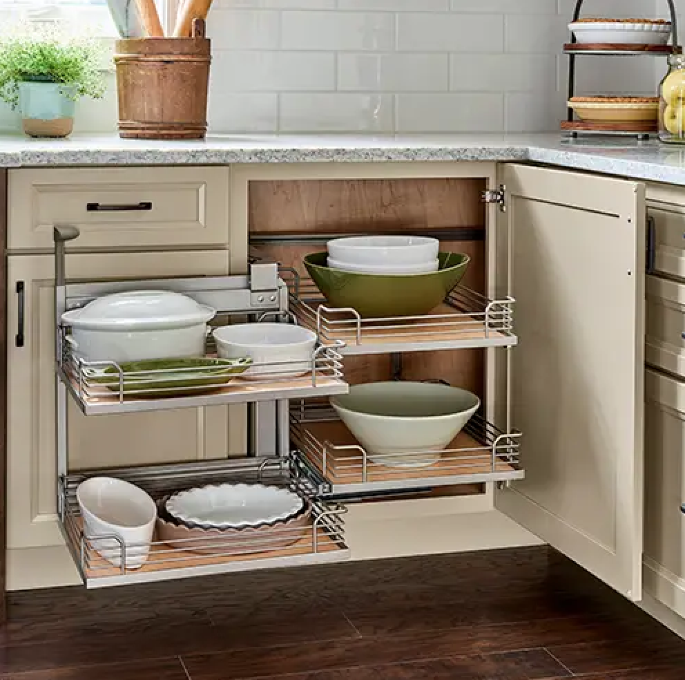 Blind pull-out base cabinet with moveable trays