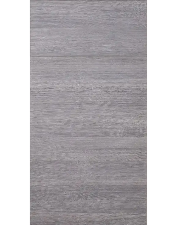 Gray slab door style in textured horizontal grain finish