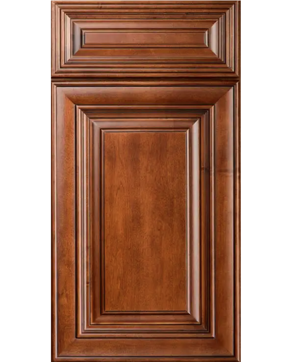 Ornate raised panel door style in rich caramel-brown stain