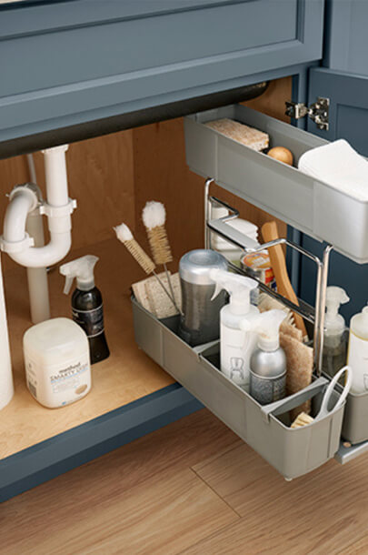 Organize cleaning supplies with pull-out racks, tilt-outs and more.