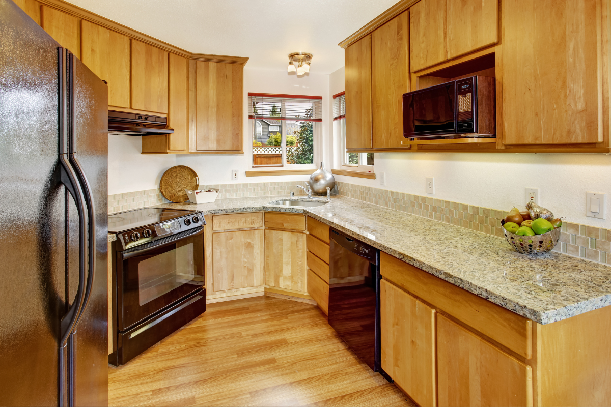 Small modern oak slab kitchen design