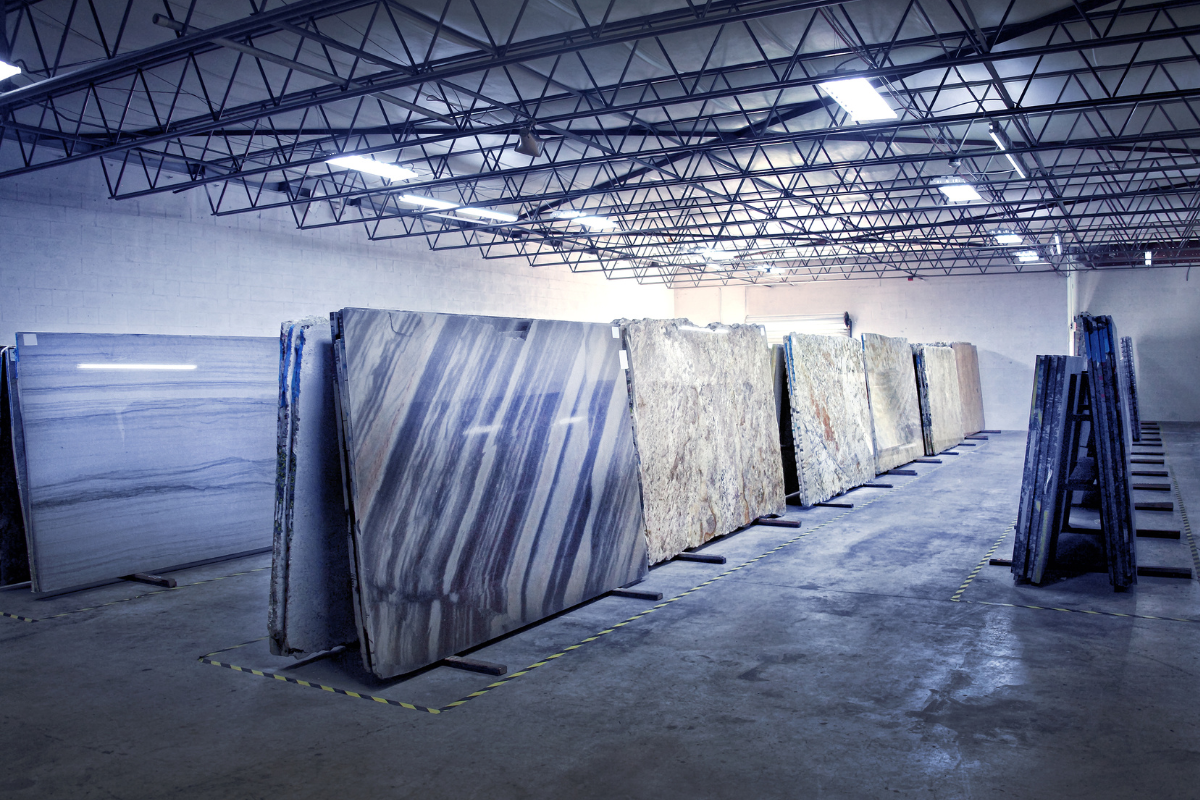 Stone countertop slabs on easels