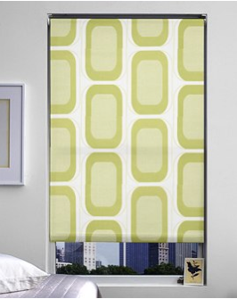 Colorful patterned green shades from The Shade Store.