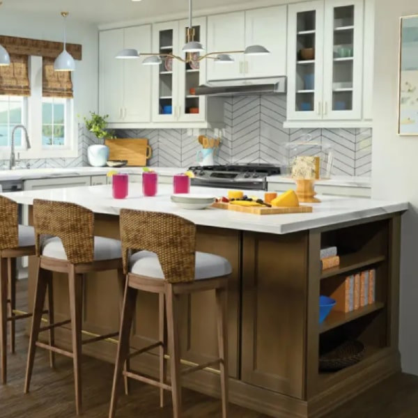 Two-tone kitchen with base open shelfing for cookbooks and decor