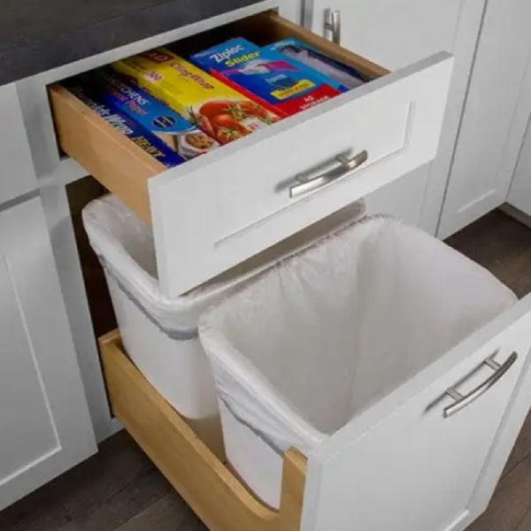 White shaker base cabinet with pull-out waste basket