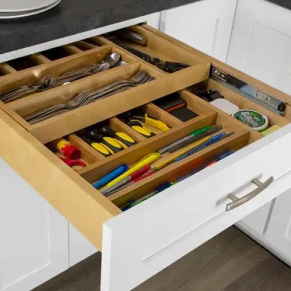 White shaker base cabinet with tiered cutlery divider