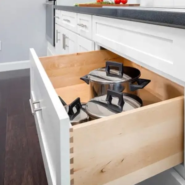 White shaker base cabinets with deep drawer storage