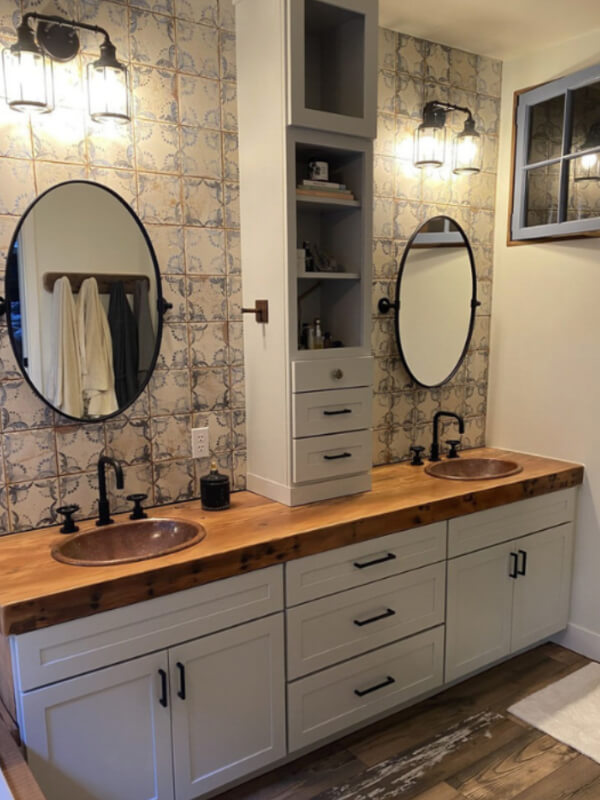 White shaker farmhouse vanity cabinet with bathroom wall cabinet above