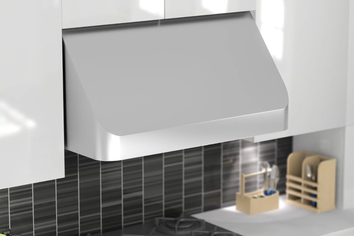 Stainless steel angled undermount range hood with rounded corners