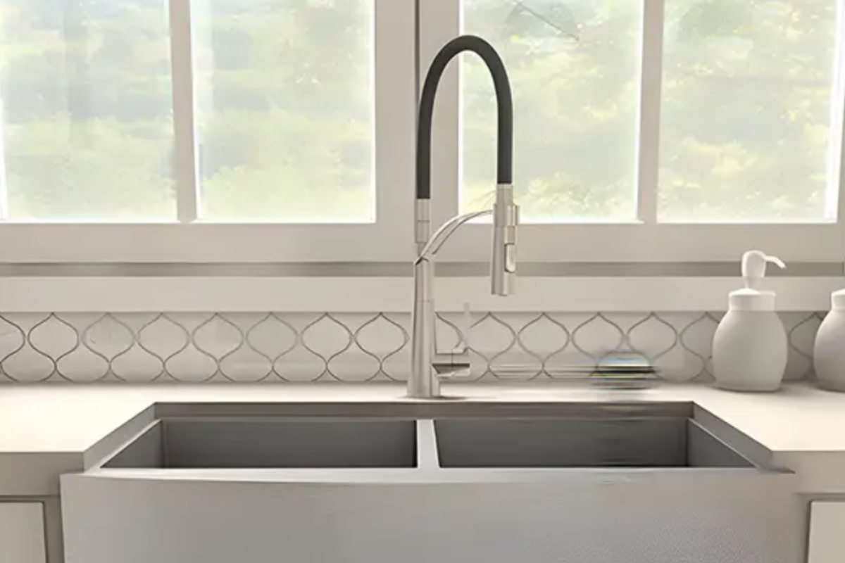 Two-tone brushed nickel and matte black pull-down kitchen faucet