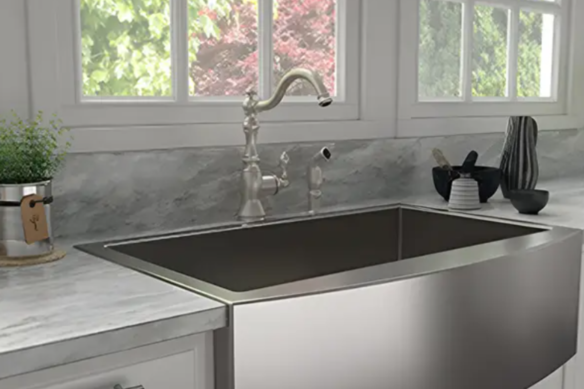 Traditional brushed nickel lever faucet with side sprayer