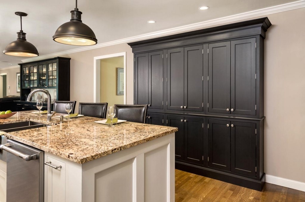 black inset pantry cabinets with exposed nickel hinges next to a white shaker island