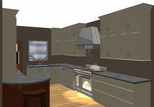 computer generated image of bakers dream kitchen with painted green cabinets