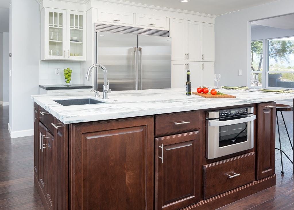 White shaker and decorative cherry kitchen cabinets