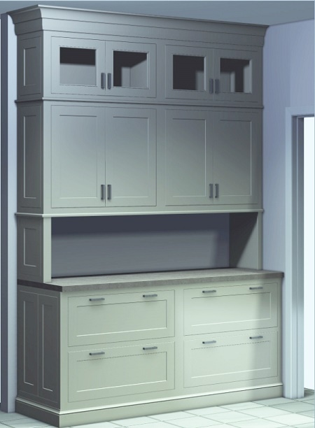 built in buffet built of inset cabinets with shaker doors and white paint, drawer bases and open frame glass doors