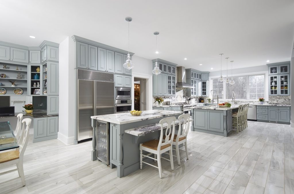 Westchester County plays host to this iconic gray and white kitchen using CliqStudios Decorative cabinets in Blue-Gray gray.