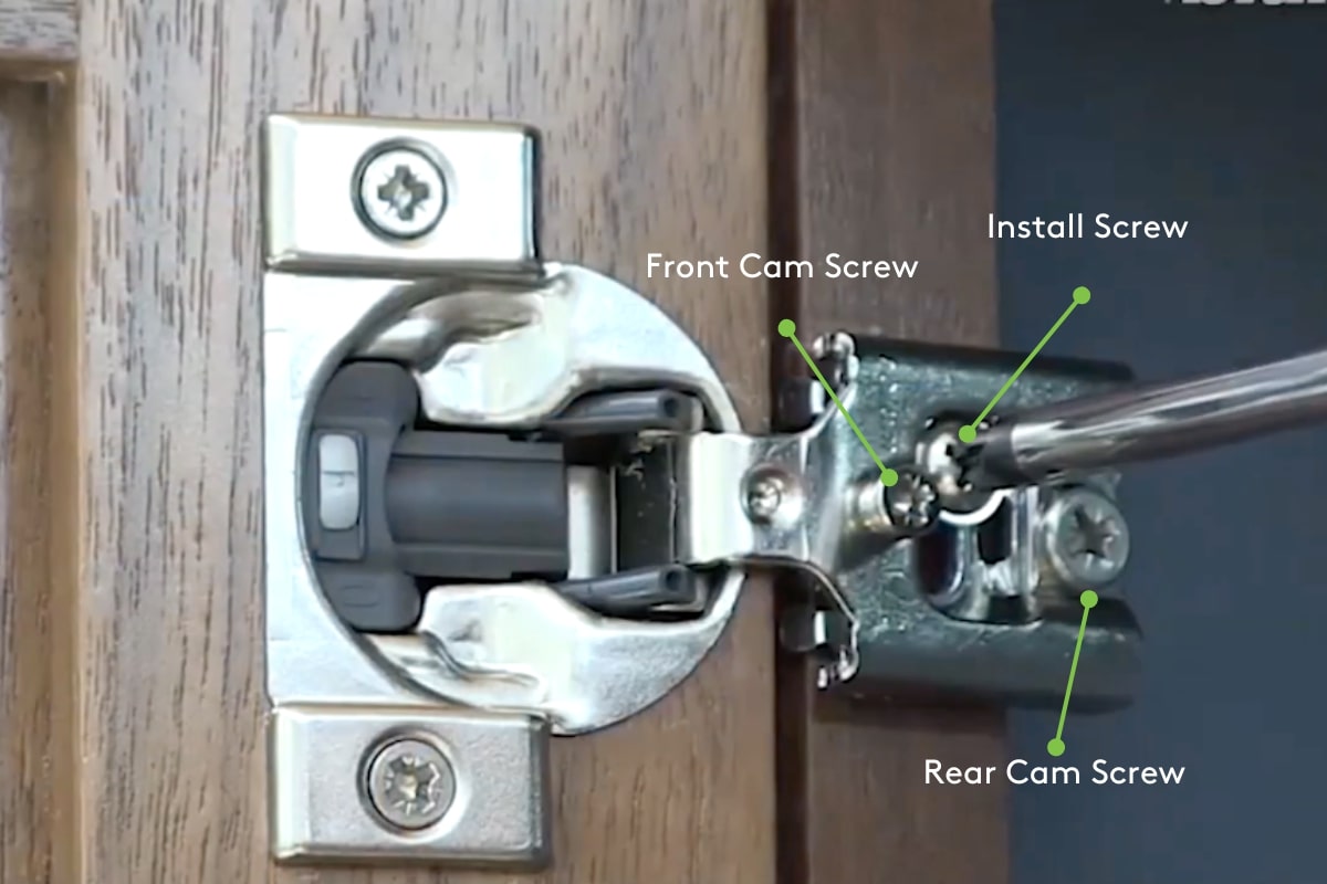 CliqStudios 6-way Adjustable Cabinet Door Hinge with the front and rear cam screws plus install screw labeled to show how to make door adjustments.