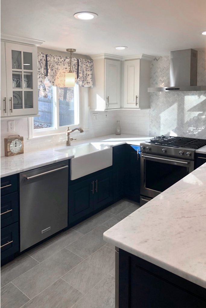 Bright Blue and white kitchen with corner cabinet Lazy Susan