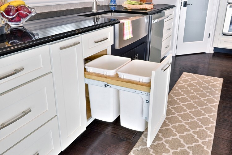 Smart storage solutions by CliqStudios keeps your kitchen organized with features such as this base cabinet with convenient double bins for trash and recycling, shown here in shaker cabinet style in painted White finish.