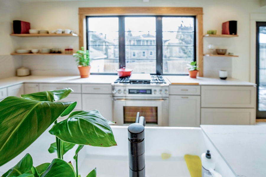 Open Shelves Surround Large Kitchen Window