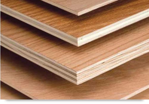 corner picture of sheets of plywood in varying thicknesses and veneers