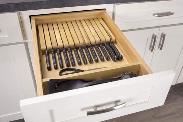 Full knife block drawer painted white.