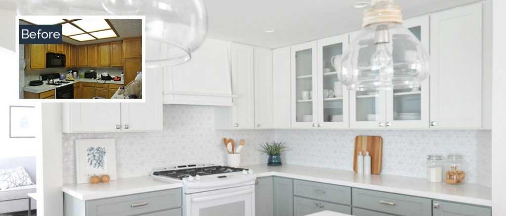 Before and after photos of remodeled kitchen with white cabinets