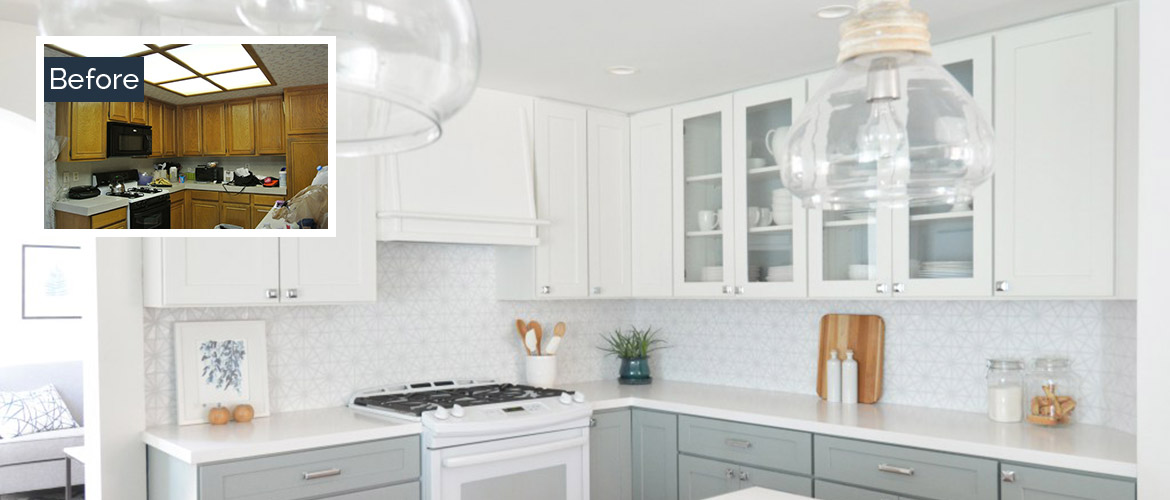 Before and after photos of remodeled kitchen with white and gray shaker cabinets