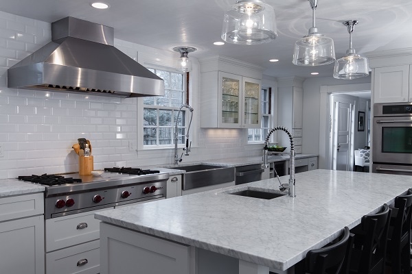 white kitchen cabinets, stainless and glass modern farmhouse look