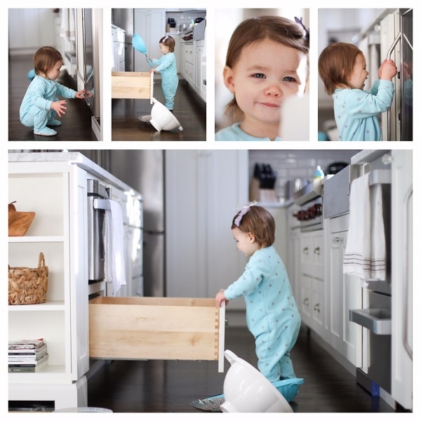 a set of photos of a two-year old girl with dark hair opening drawers in a kitchen