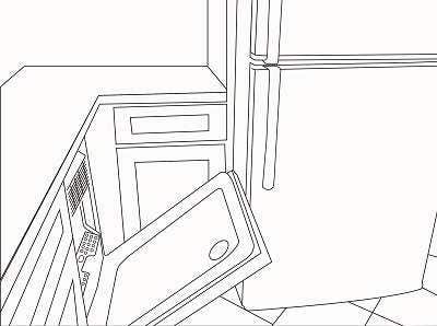 sketch of dishwasher opening into refrigerator door