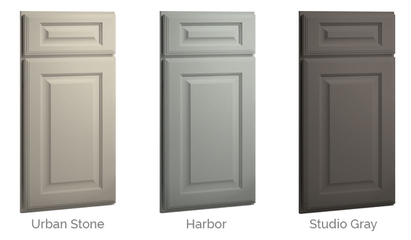 raised-panel cabinet fronts in three grays - light earth tone, cool blue and deep red-hued gray