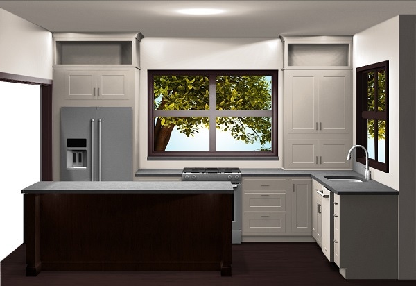 Computer-generated image of kitchen with large window over cooktop and dark cabinets in center island